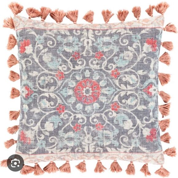 Elegant Floral Accent Pillow Cover in Blue and Red with Pink Tassles - Picture 2 of 4